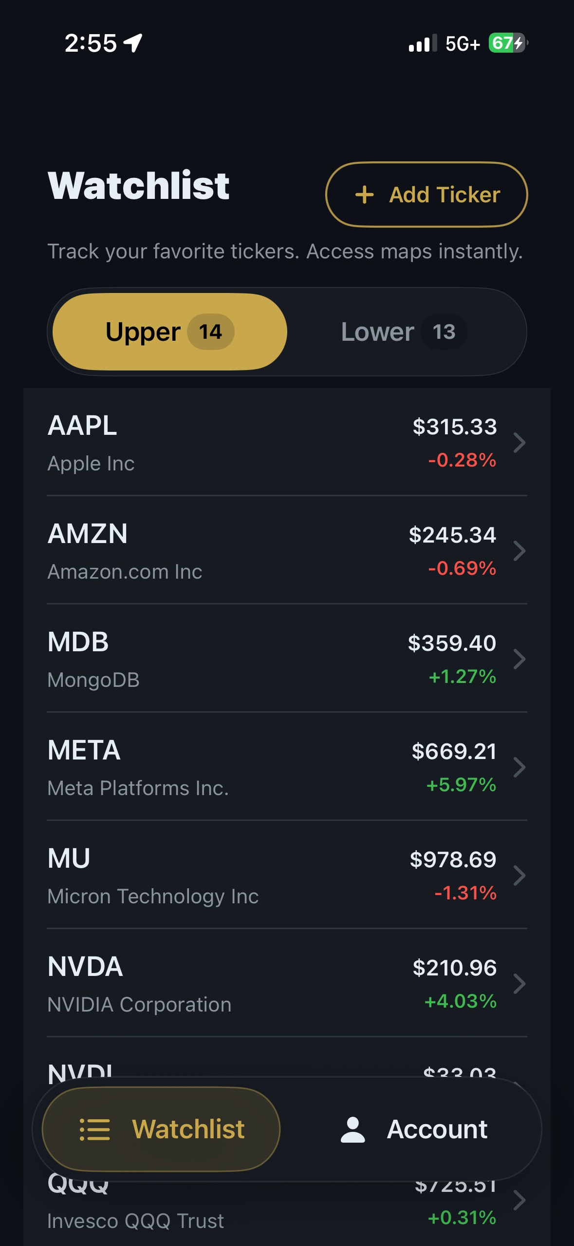 PivotEdge iOS watchlist screen showing Upper PAL watchlist rows